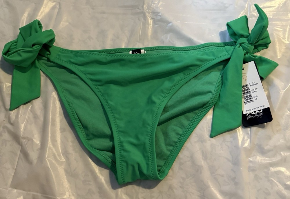 Women’s ABS Allen Schwartz Size 10 Green Solid Tie Hipster Bikini Bottom NWT