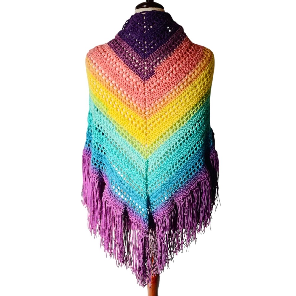 Crochet Shawl with Fringe Purple Peach Yellow Green Blue Handmade 76
