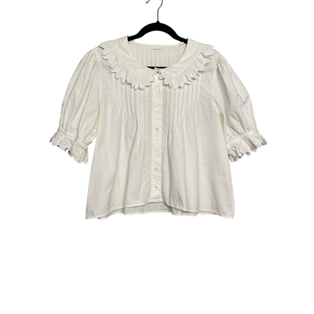 Doen Rune Scalloped Embroidered Cotton-Poplin Ruffle Blouse Lace Collar Size XL