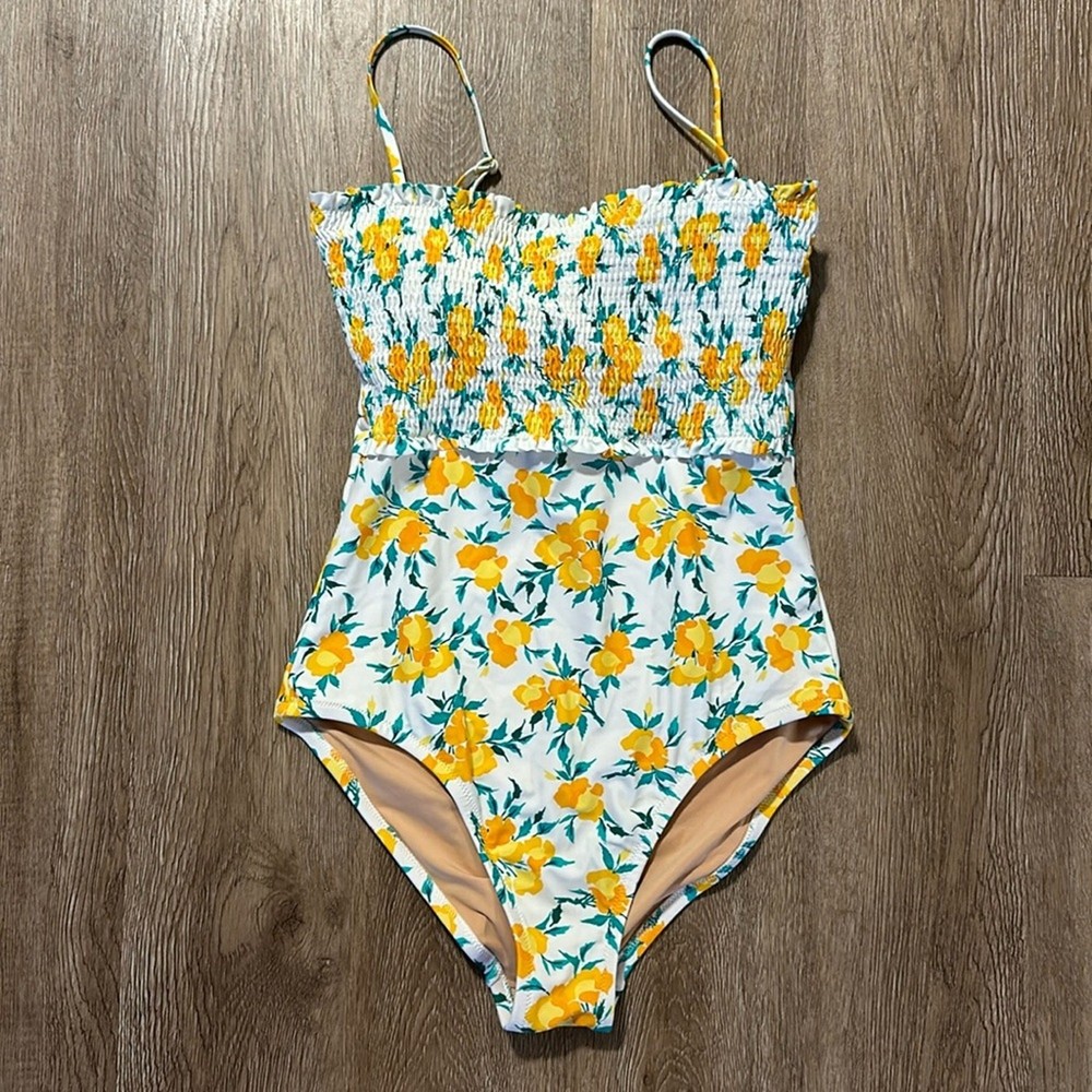 J.Crew Factory Yellow Floral Smocked One Piece Swimsuit Size Small Adjustable