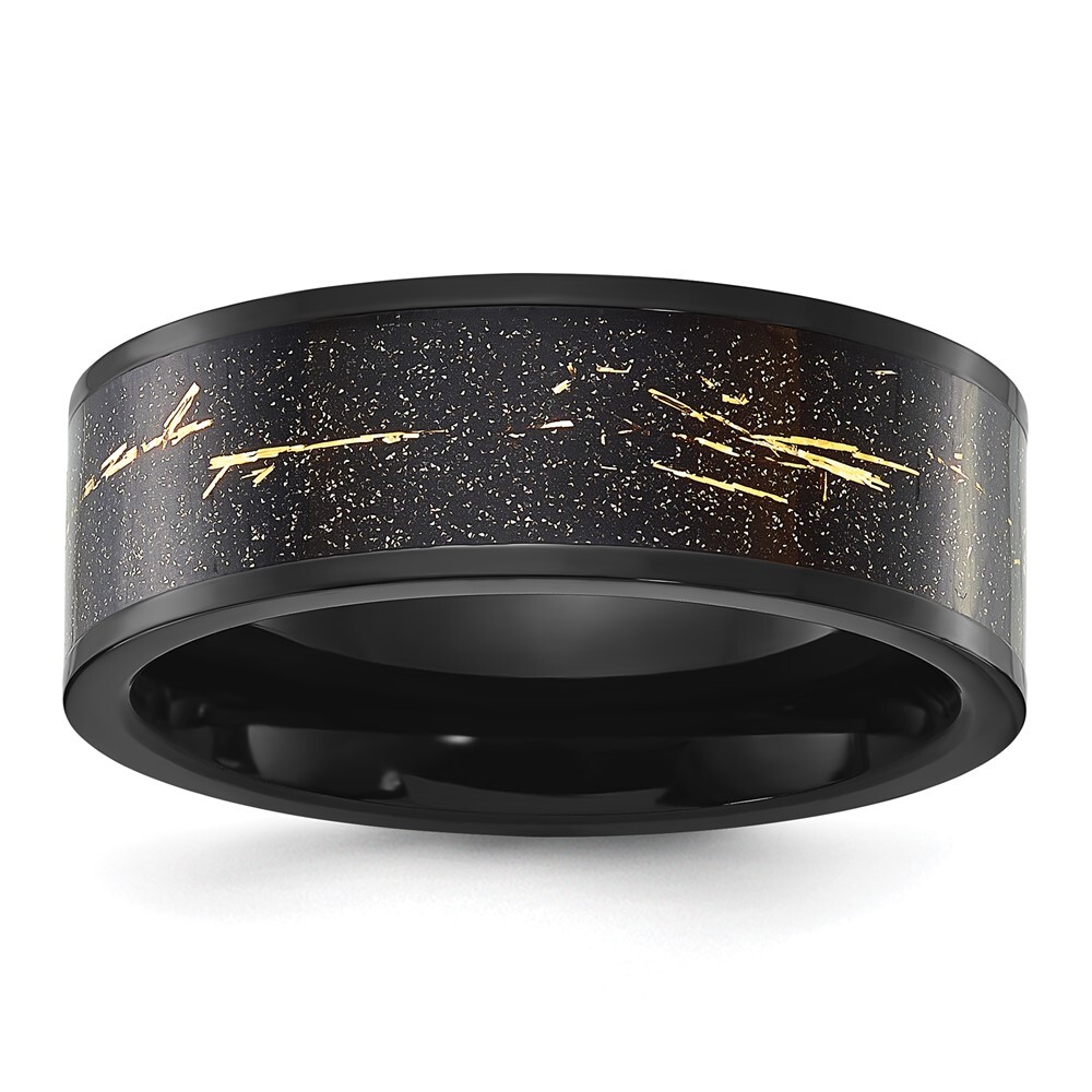 Titanium  Black IP-plated with Black and Gold Foil Inlay 8mm Band Ring Size 7