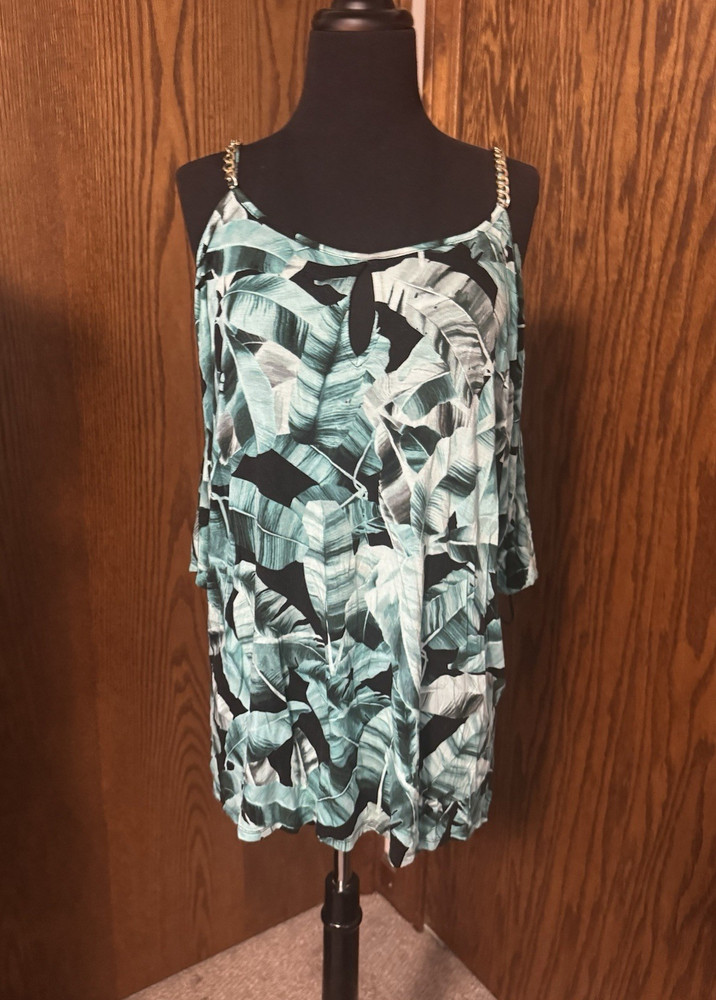 Jennifer Lopez Tropical Leaf Chain Strap Cold Shoulder Blouse L for Women-image