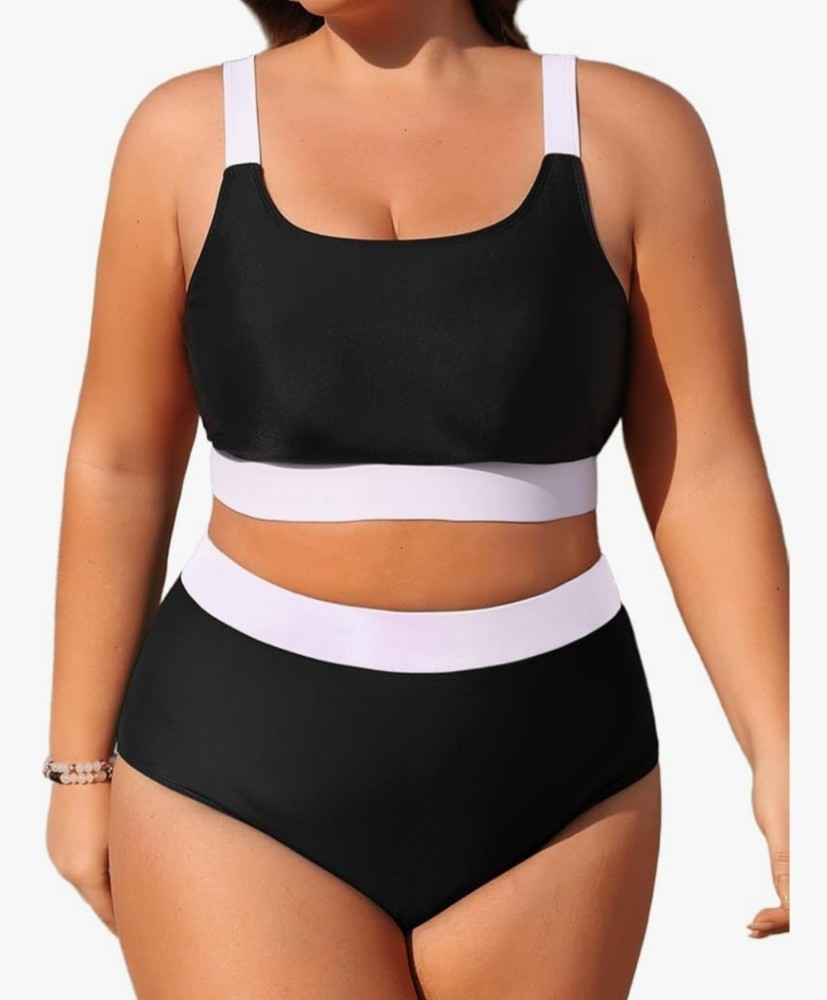 DACI Plus Size 20W High Waist Bikini Set Full Coverage Sport Scoop Neck Swimsuit