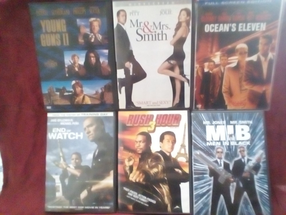 DVD lot of 6  Mr & Mrs Smith Oceans 11 MIB Rush Hour3 End of Watch & Young Guns2