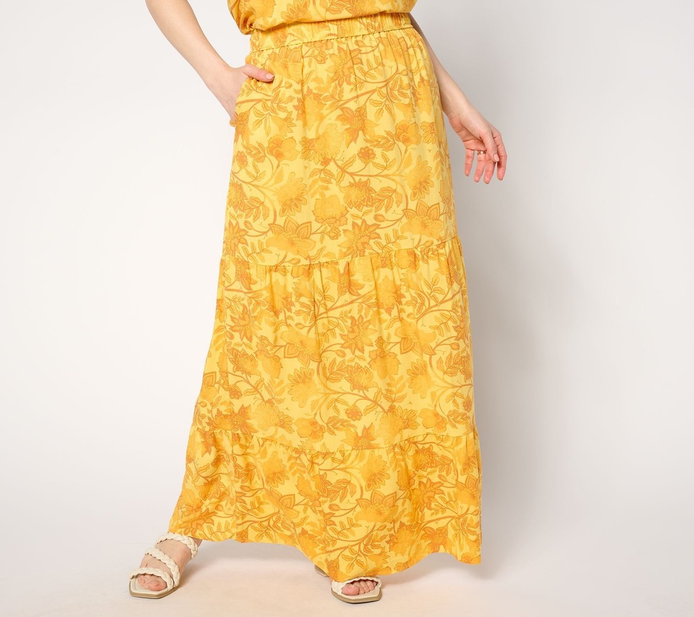 Denim & Co. Women's Skirt Sz M Printed Tiered Pockets Yellow A647317