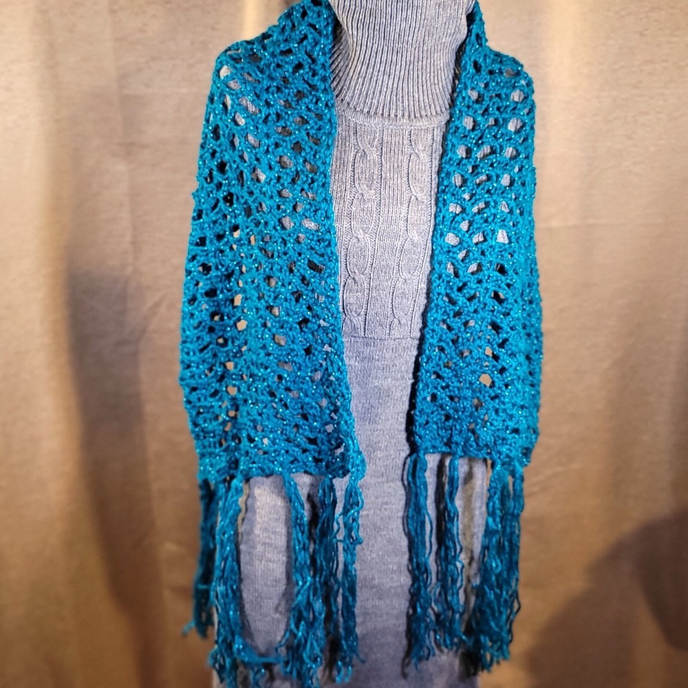Fringed Scarf Wrap - Handmade from Sparkly Teal Yarn