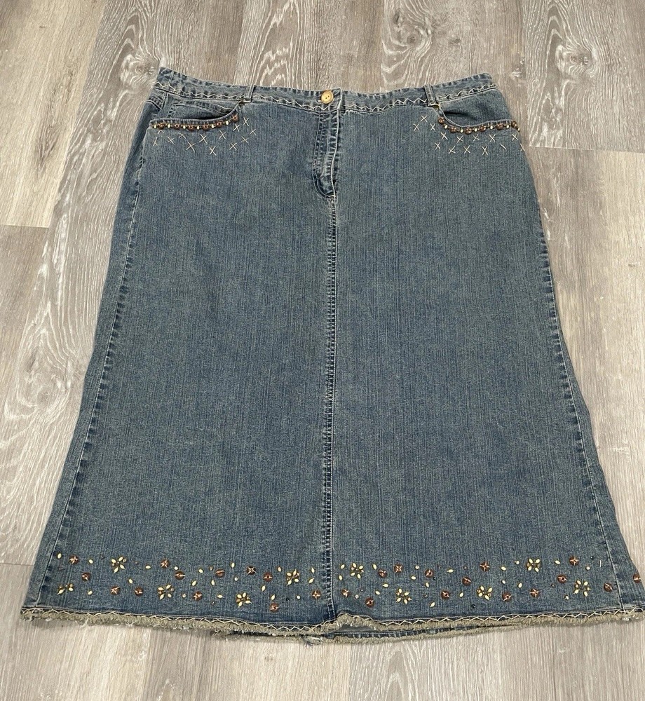 Ruby Rd Denim Skirt Women 20W Blue Beaded Embroidered Midi A-Line Boho