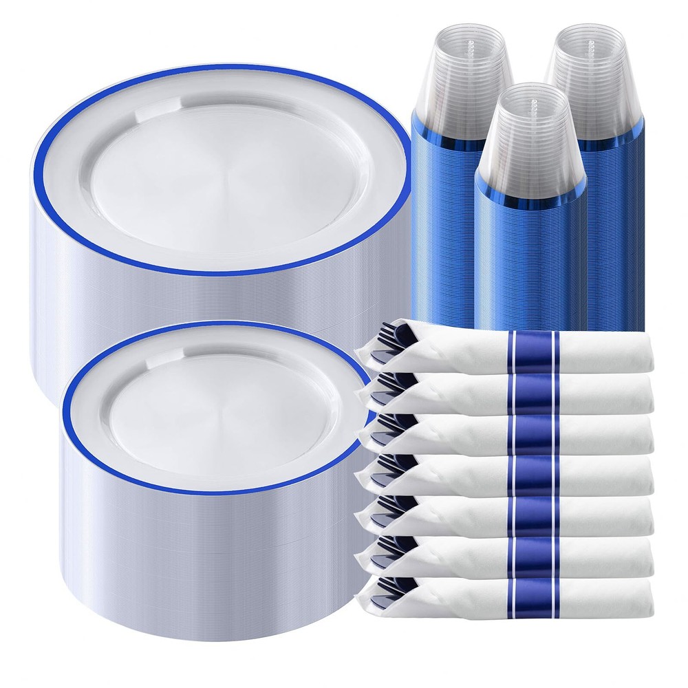 350-Piece Dark Blue Plastic Party Dinnerware Set - Disposable Plates, Bowls, Cups & Cutlery