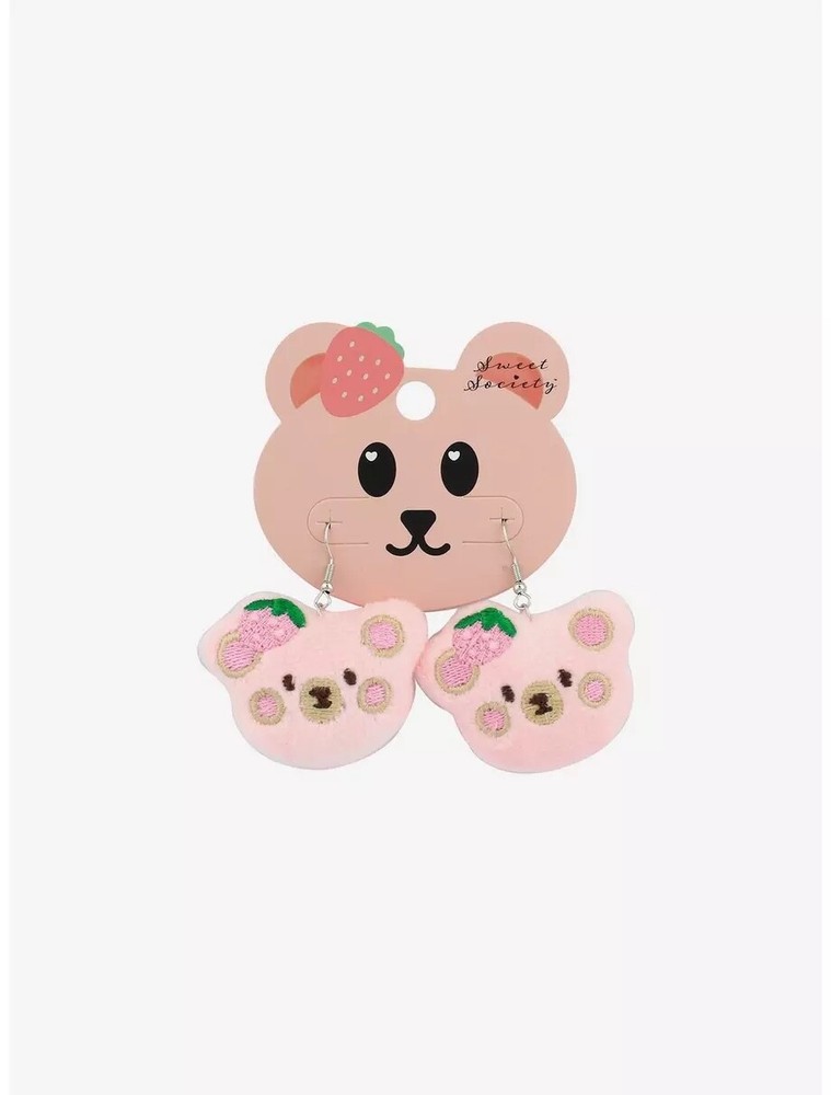Sweet Society Strawberry Pink Teddy Bear Plush Drop Earrings-image