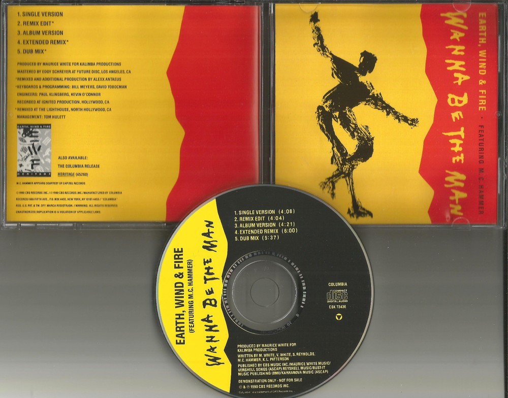 EARTH WIND & FIRE & MC HAMMER Wanna Be Man 5TRX REMIXES &DUB PROMO CD Single and