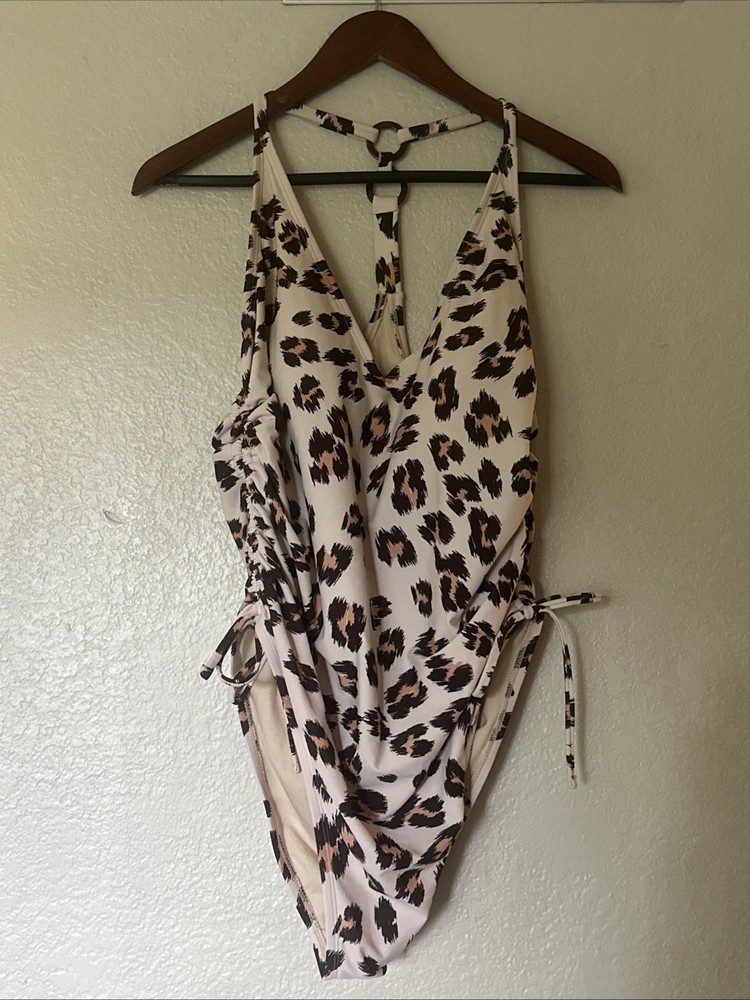 Kona Sol Leopard One Piece Bathing Suit Swim Pads Side Ruching Size XL
