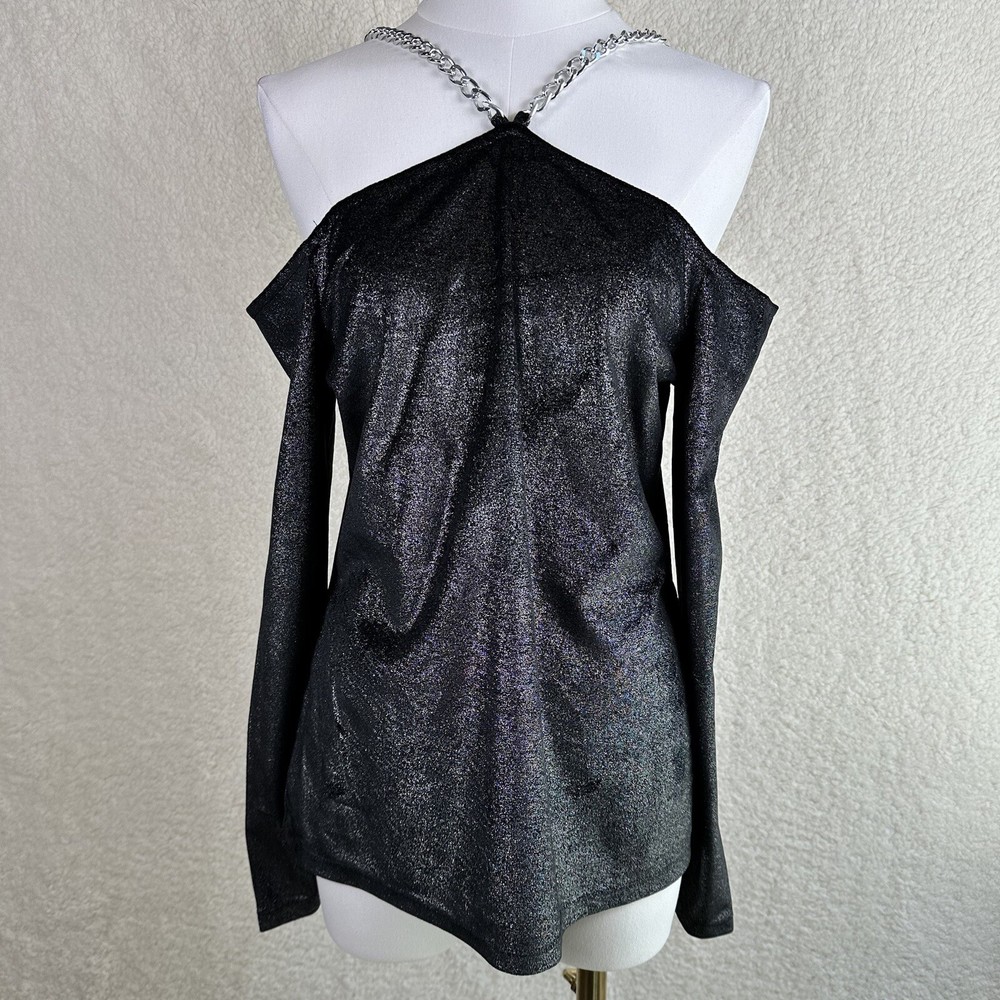 Michael Kors Womens Velvet Chain Cold Shoulder Top Glam Rock Blouse Medium-image