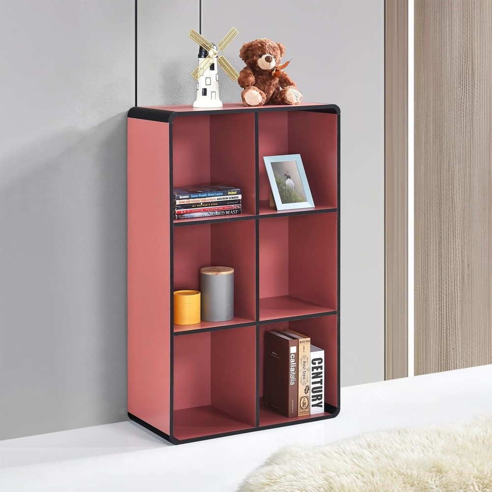 Kings Brand Red Dothan Wood 6-Cube Open Bookcase Storage Shelf-image