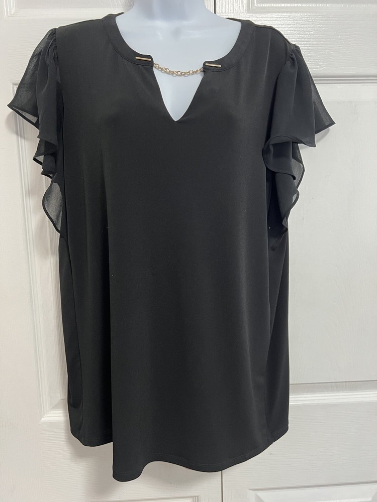 Premise Dressy  Black Blouse Pullover Top Cold Chain Flutter Sleeve Sz 1X-image