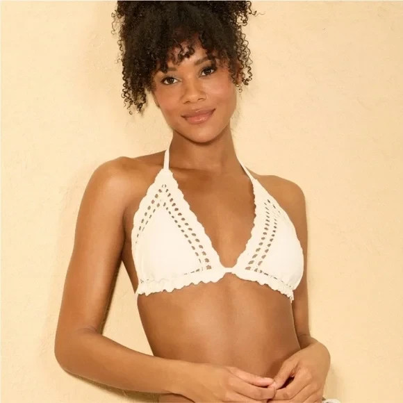 Women's Crochet Edge Triangle Bikini Top - Shade & Shore Cream L