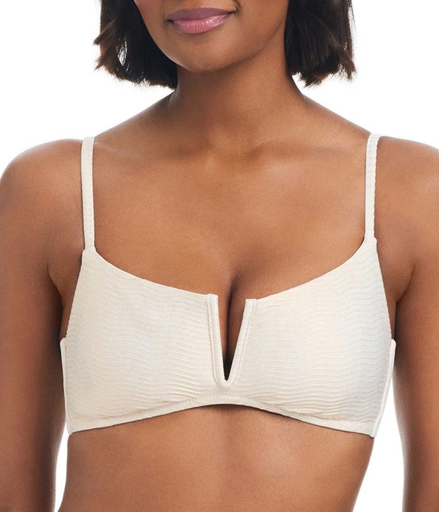 Bar III Womens V-Wire Plunge-Neck Bralette Bikini Swim Top White Gold Large