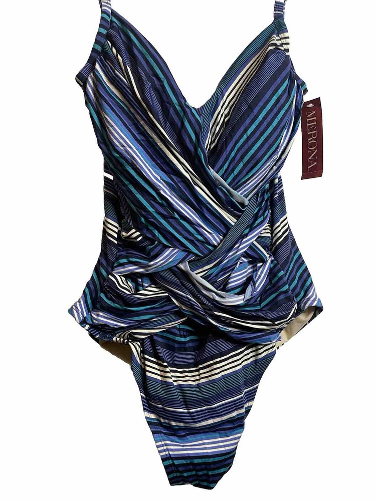 Merona Bathing suit One piece Blue Multi Stripe Swimsuit Women’s Size Large