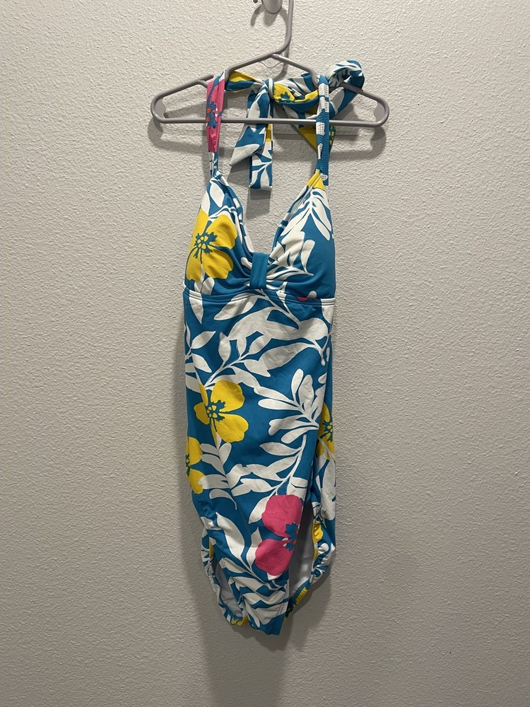 Tommy Hilfiger Blue Floral Halter One-Piece Swimsuit Size L Classic Beach NWT