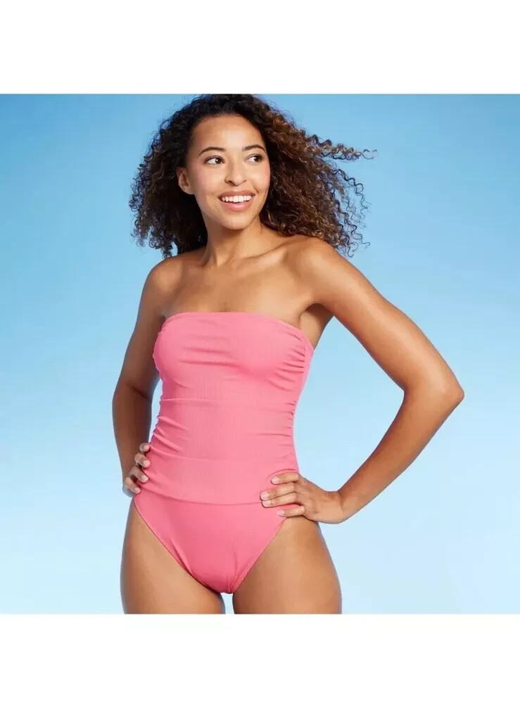 Women'sShirred Ribbed Bandeau Cheeky One Piece Swimsuit - Shade & Shore Pink M: