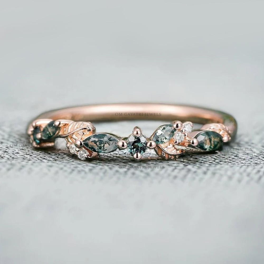 Marquise cut Moss Agate Engagement Ring Vintage Green Topaz Wedding Ring for Her