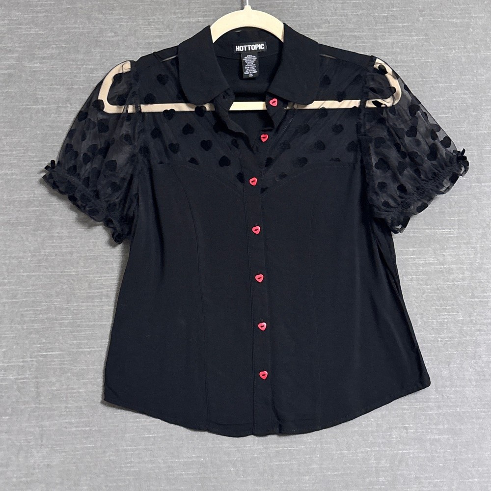 Hot Topic XS Black Lace Mesh Heart Sheer Button Goth Punk Y2K Top-image