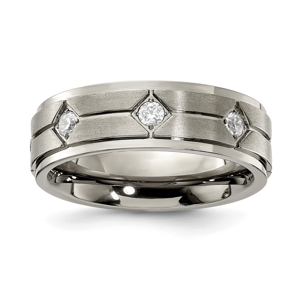 Titanium Polished & Brushed Center with Cubic Zirconia 7.00mm Band Ring Size 11