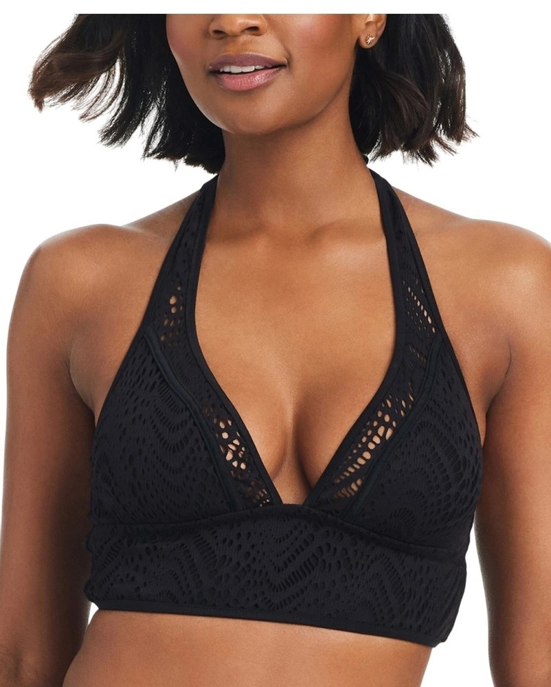 Bar III Womens Crochet Longline Halter Bikini Swim Top Black Medium