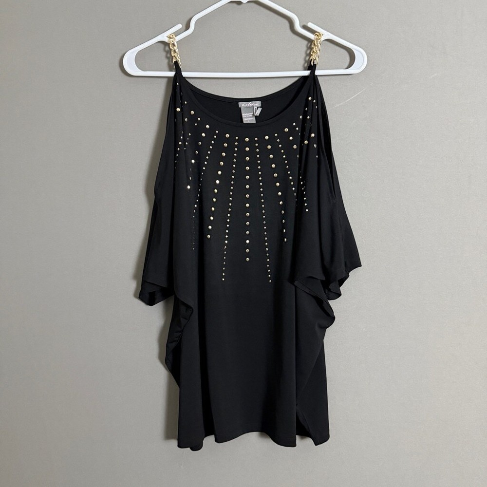 C.oliver sz L black gold chain cold shoulder blouse-image