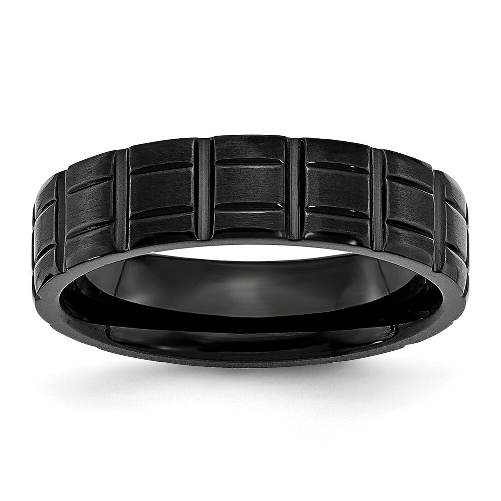 Titanium Brushed and Polished Black IP-plated 6mm Notched Band Ring Size 7