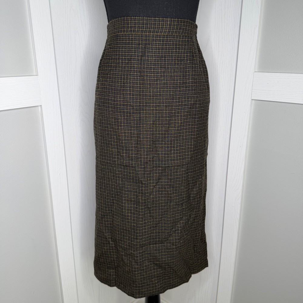 Oscar de la Renta Skirt Womens M/L Size 38 Brown Yellow Wool Houndstooth Midi