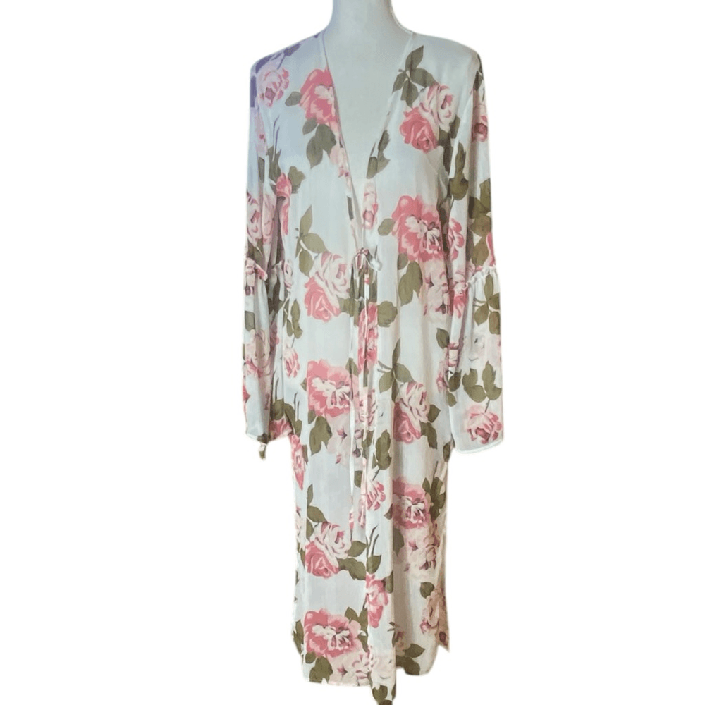 Women's White Pink Rose Floral Duster Cover Up Small - Band Of Gypsies Style-image