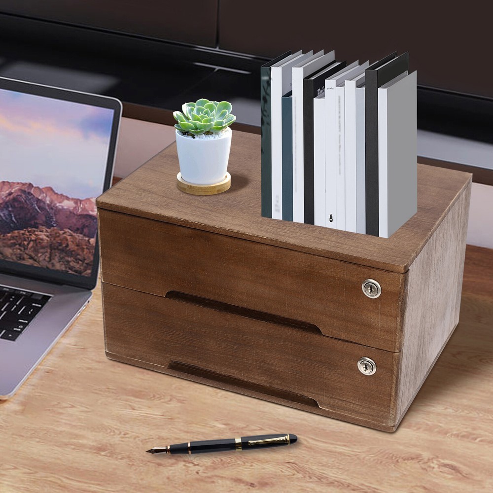 2-tiers Lockable Wooden Desktop Storage Box With Curved Handle+4 Keys For Office