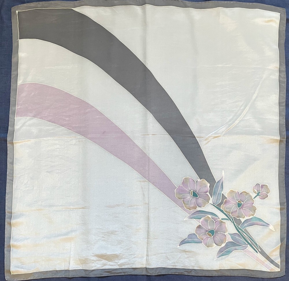 Artisan FLORAL Handpainted Gray Purple Hand Painted Rolled Silk Delicate Scarf