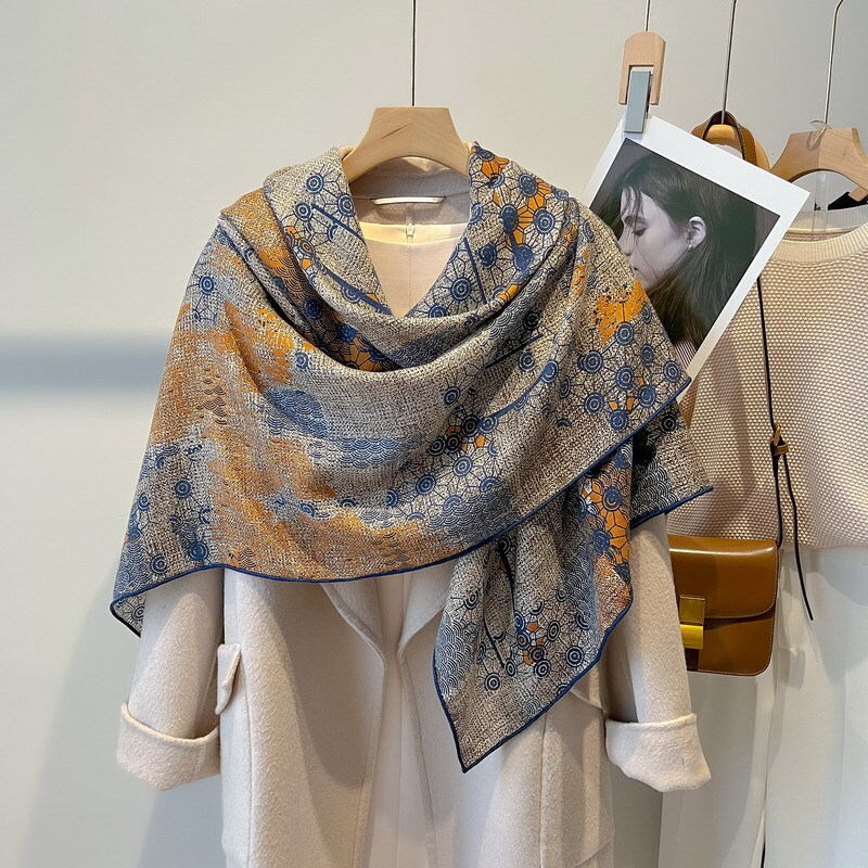 70% Cashmere 30% Silk Blue Dot Print Square Shawl 53 Inch Wrap Scarf