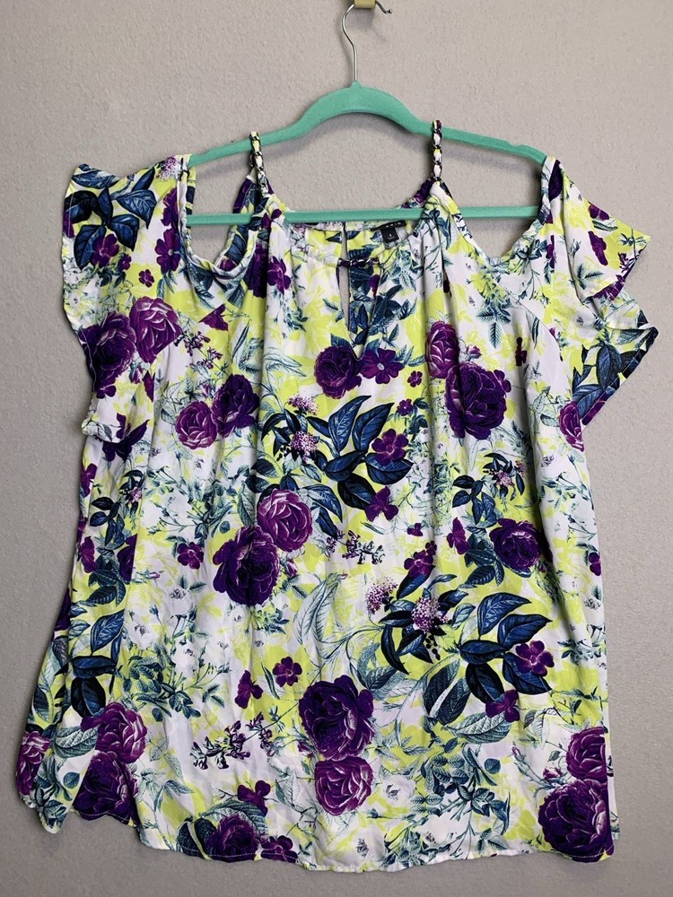 Torrid Georgette Chain-Link Cold Shoulder Boho Blouse Size 4 Purple Green Floral-image