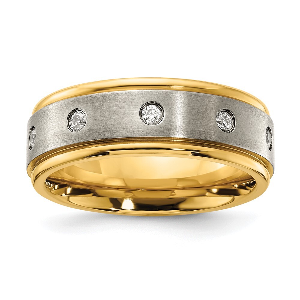 Titanium Brushed Center Yellow IP-plated Cubic Zirconia 8mm Band Ring Size 11