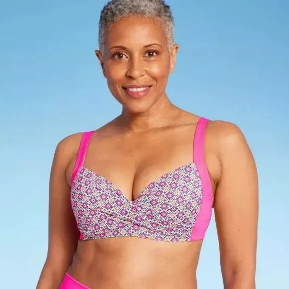 Lands' End Women's UPF 50 Geometric Underwire Twist-Front Bikini Top Pink 6
