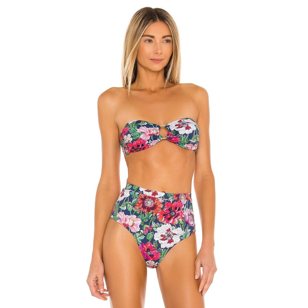 Onia Revolve Luna Bikini Top & High-Waist Bottom Set Navy Multi Floral - Medium
