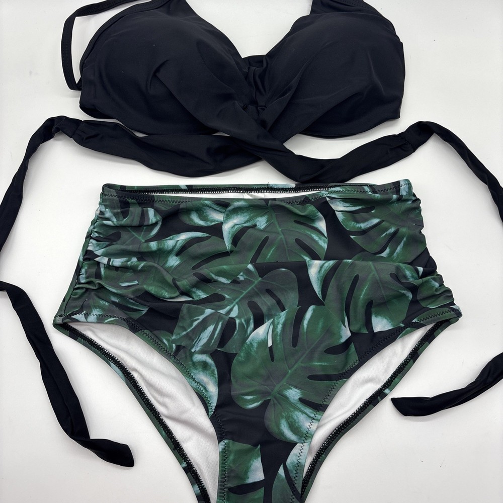 Women's Black Green Leaf Print High Waisted Crisscross Tie Back Bikini, Small
