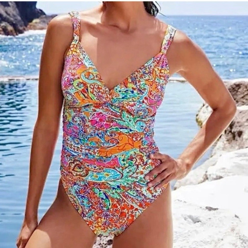 New Lauren Ralph Lauren Amara Surplice Over-The-Shoulder One-Piece Size 16