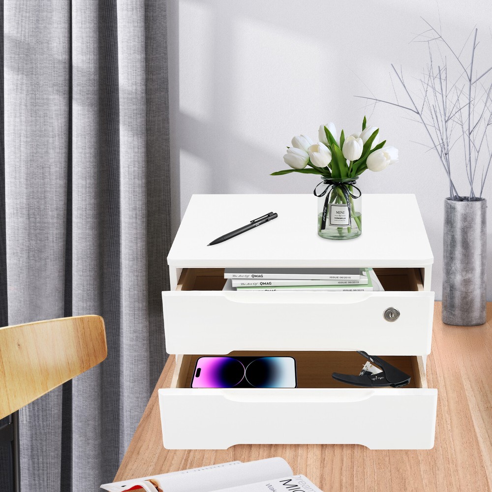 2-Tier Lockable Wooden Desk Drawer Organizer & Storage Box  