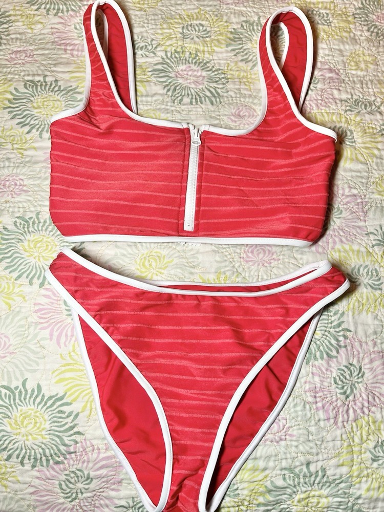 Show Me Your MuMu Red Bikini White Contrast Piping Zip Small Classic Prep Comfy