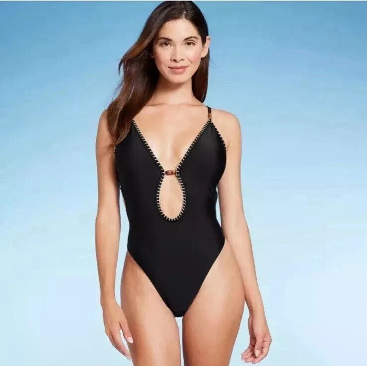 Women’s Plunge Bead Detail Extra High Leg One Piece Swimsuit-Shade & Shore Blk M