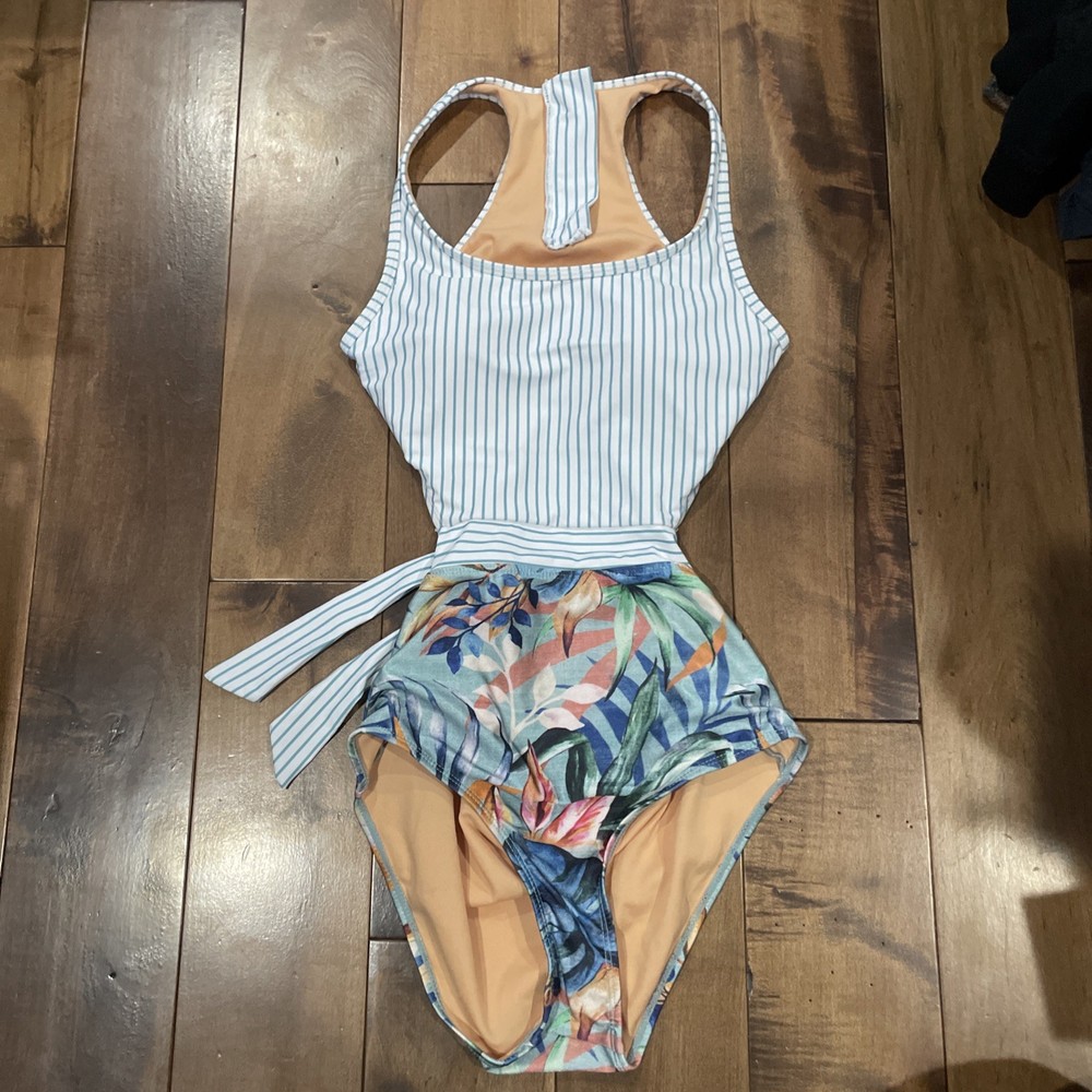 Floral Cutout Bathing Suit Swimsuit Teal Stripe One Piece Tie Zip Women’s Size S