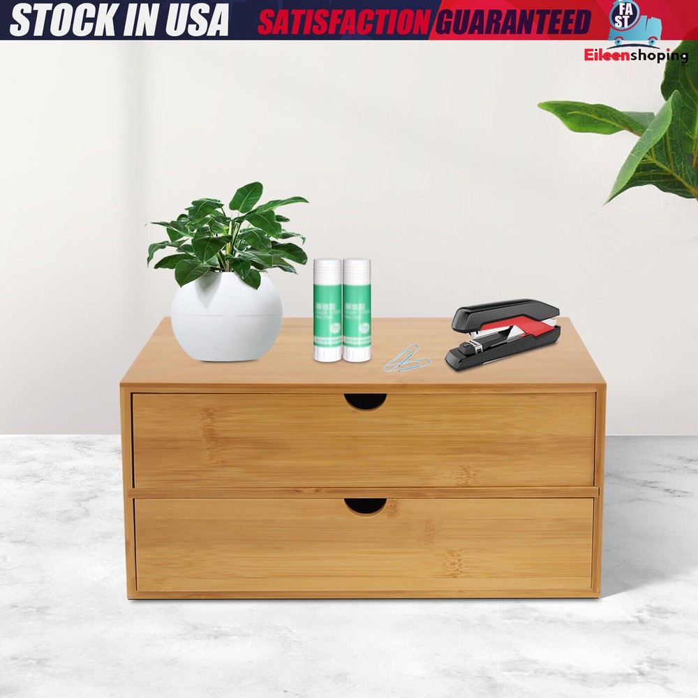 Mini Bamboo Organizer for Desk, Tabletop Storage Organization Box with 2 Drawers