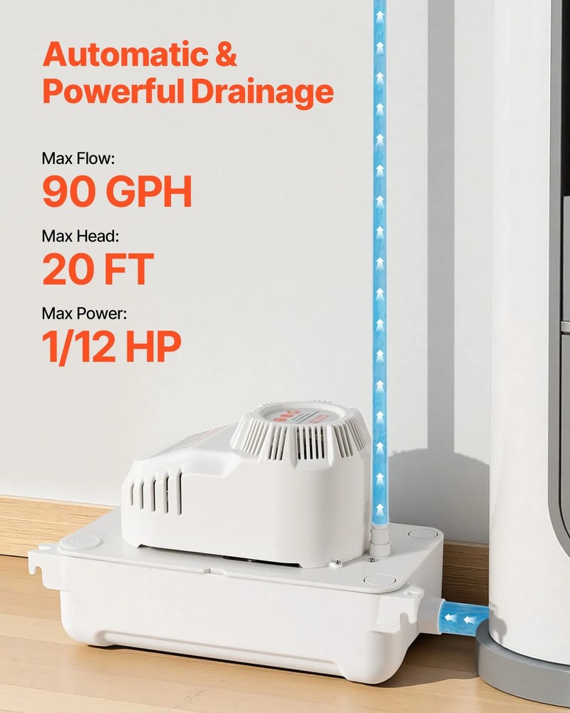 Condensate Pump, 1/12 HP, 90 GPH, 20 ft Lift, 115V Automatic AC Condensation Rem