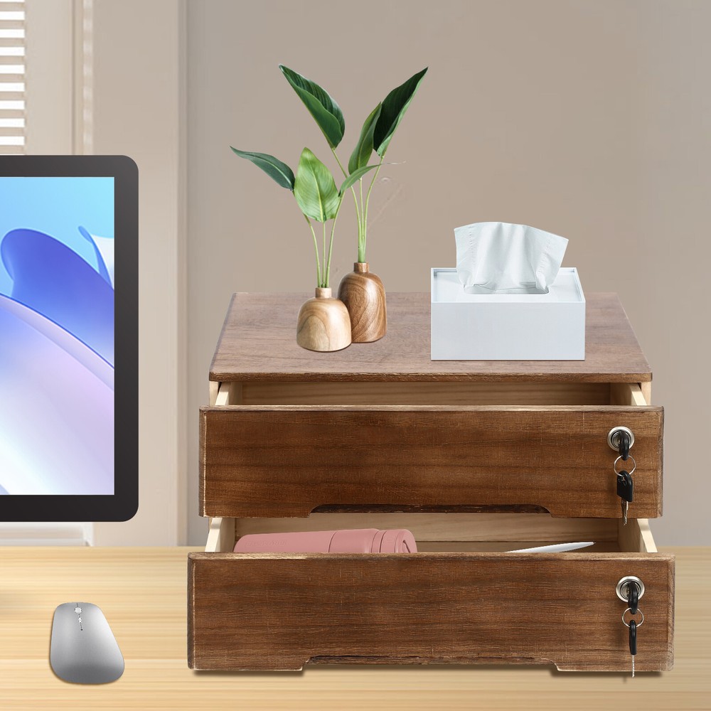 2 Tiers Wooden Desktop Jewelry Drawer Storage Box Table Cabinet Holder Organizer