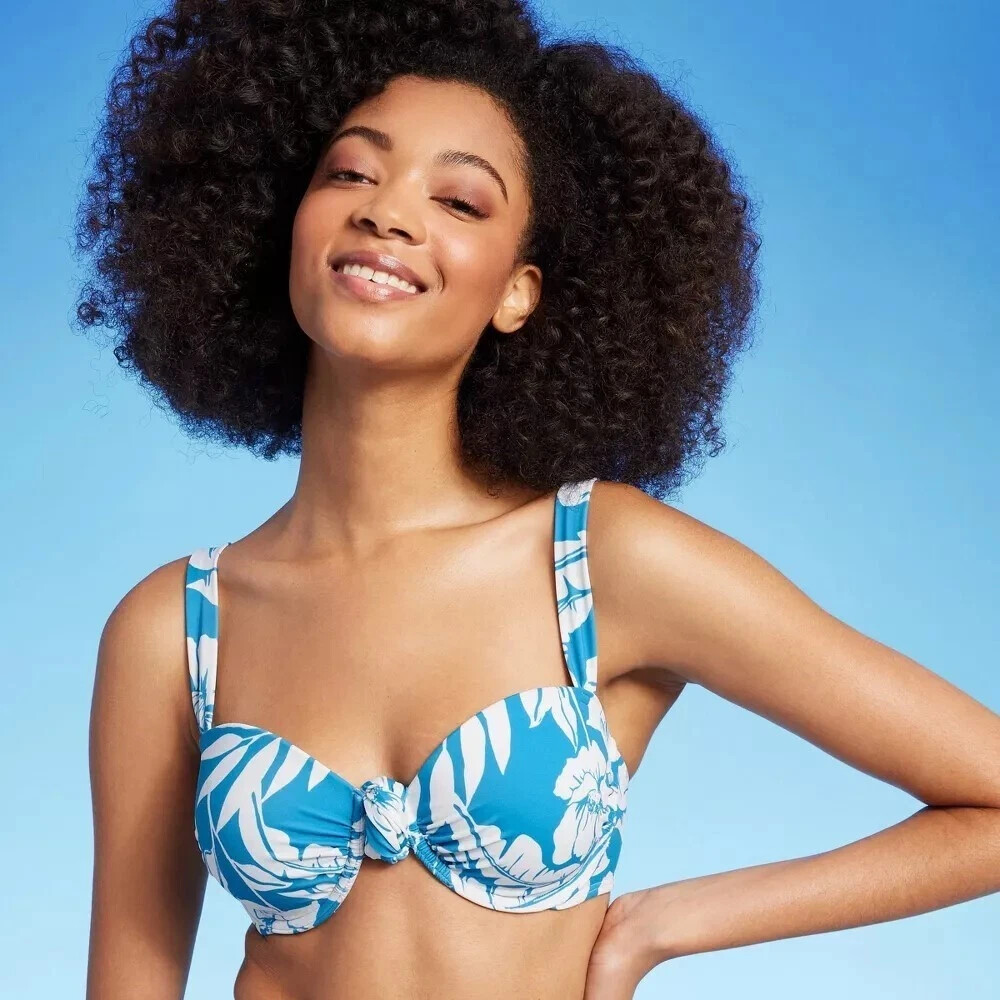 Women's Push-Up Knot Detail Bikini Top - Shade & Shore Blue Floral Print 34DD