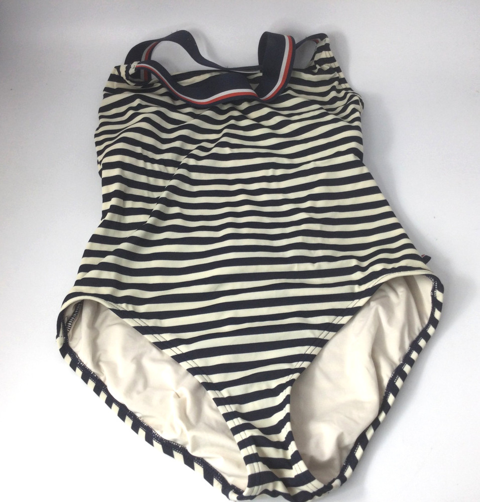 Tommy Hilfiger One Piece Swimsuit Swimwear Stripes Off White Dark Blue Siz 8