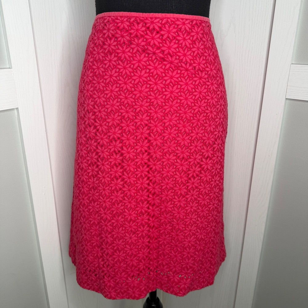 Ann Taylor Skirt Women 12 Pink Floral Eyelet Lace Silk Trim Pencil Knee Length